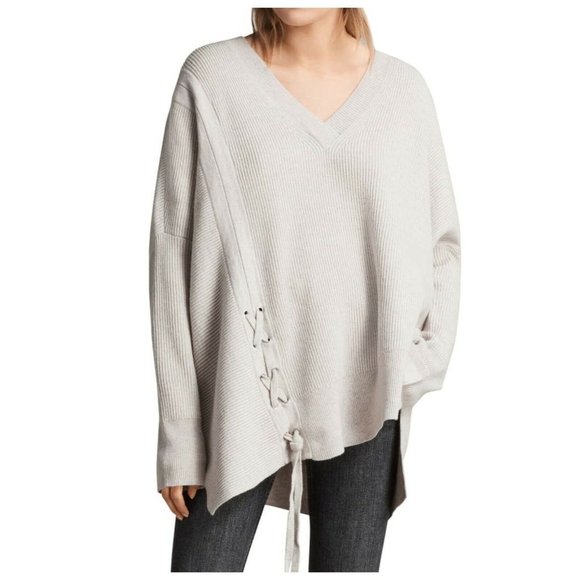 ALLSAINTS Able Ribbed V Neck Lace Up Sweater